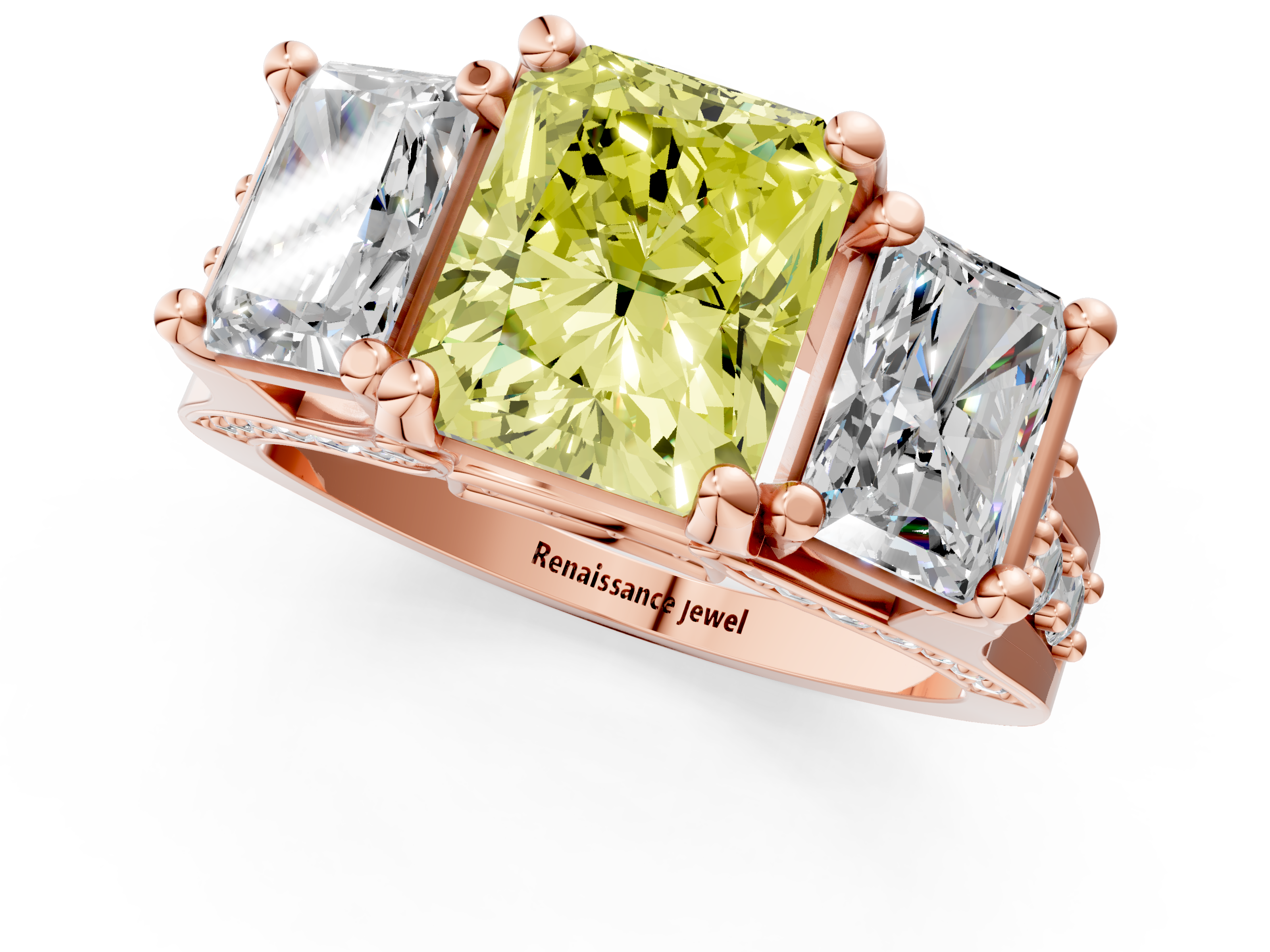 Rose gold Three-Stone Fancy Yellow Radiant  Cut Diamond Ring with Channel-Set Band and Four-Prong Setting_59