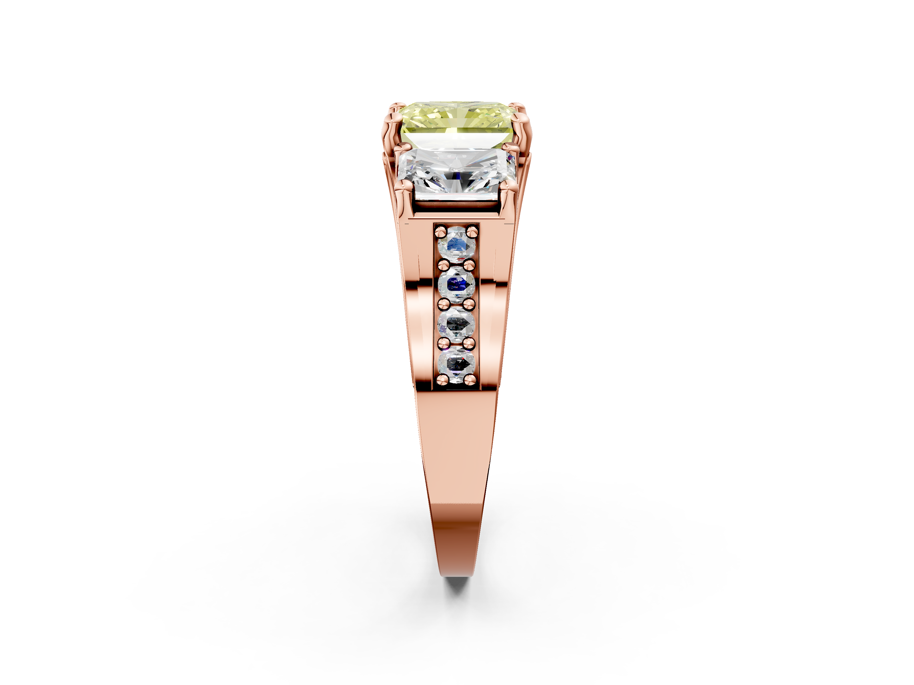 Rose gold Three-Stone Fancy Yellow Radiant  Cut Diamond Ring with Channel-Set Band and Four-Prong Setting_60