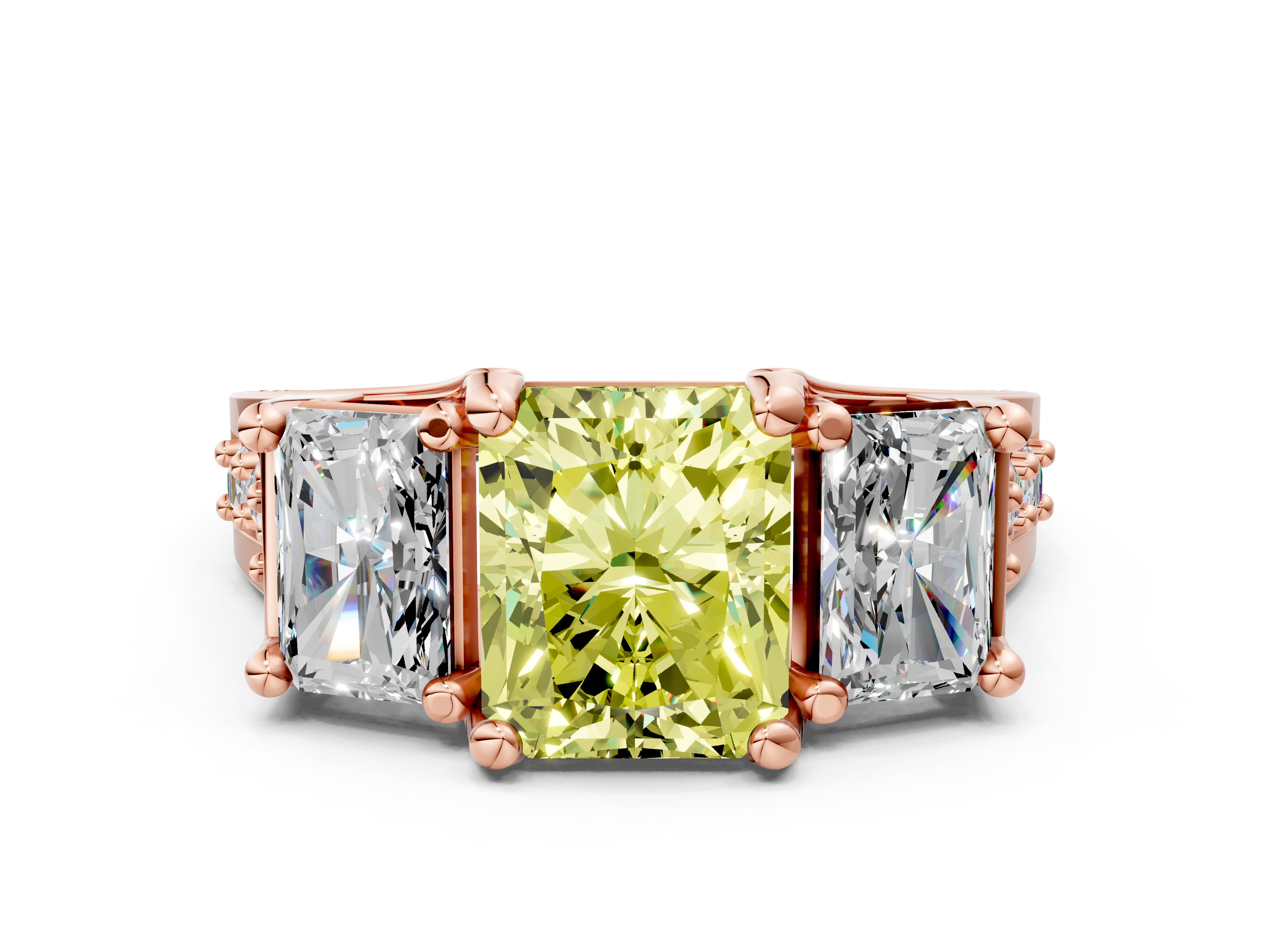 Rose gold Three-Stone Fancy Yellow Radiant  Cut Diamond Ring with Channel-Set Band and Four-Prong Setting_75