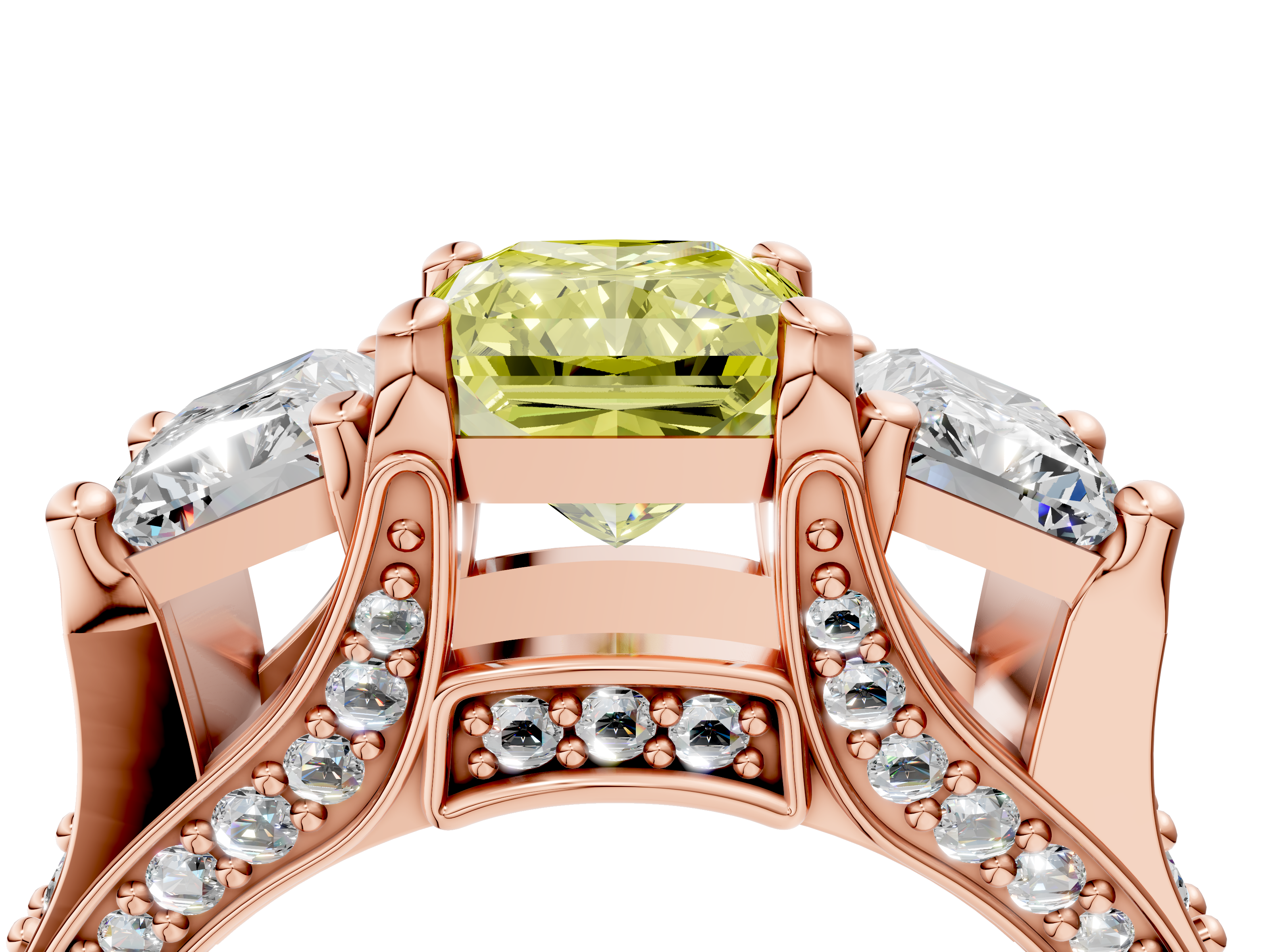 Rose gold Three-Stone Fancy Yellow Radiant  Cut Diamond Ring with Channel-Set Band and Four-Prong Setting_79