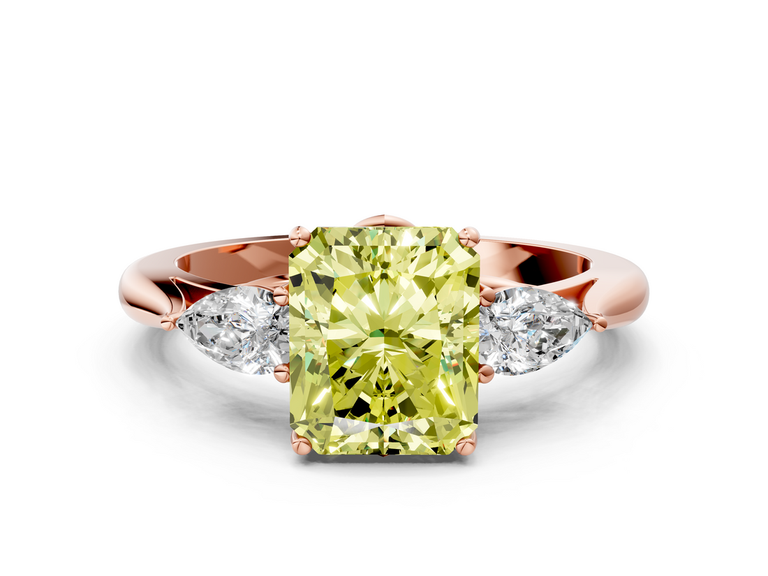 Rose gold Three-Stone Fancy Yellow Radiant  Cut Diamond Ring with Pear Side Stones in Four-Prong Setting_107