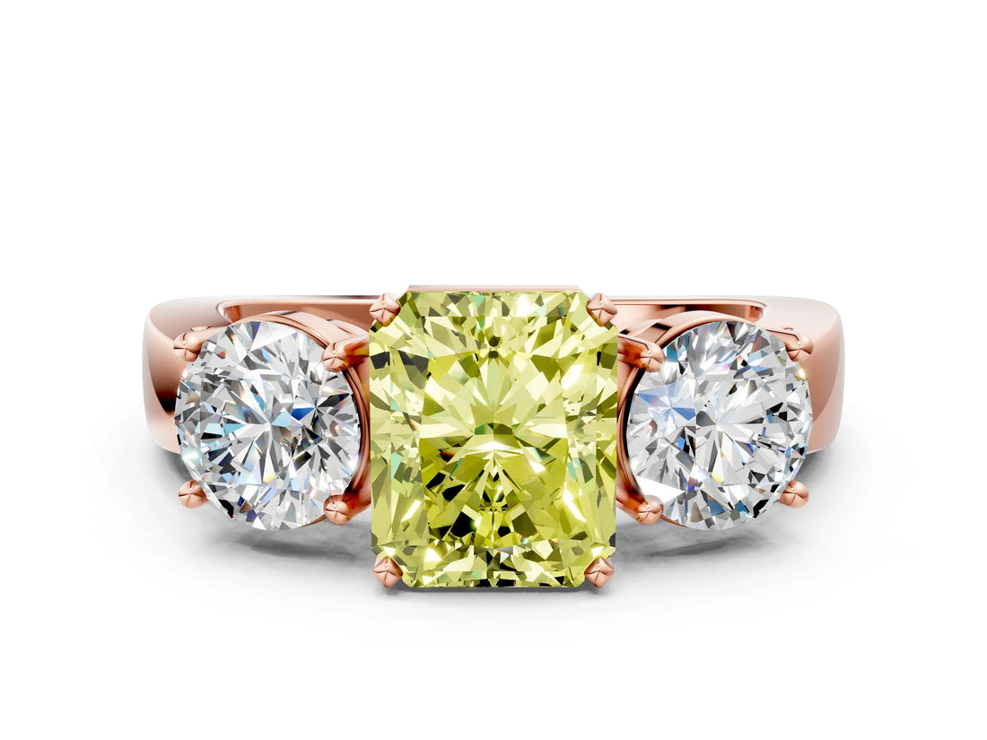 Rose gold Three-Stone Fancy Yellow Radiant Cut Diamond Ring with Round Side Stones, Classic Band, and Four-Prong Setting