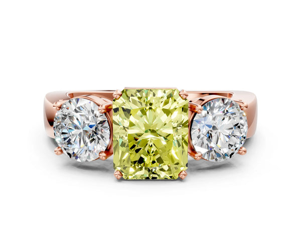 Rose gold Three-Stone Fancy Yellow Radiant Cut Diamond Ring with Round Side Stones, Classic Band, and Four-Prong Setting