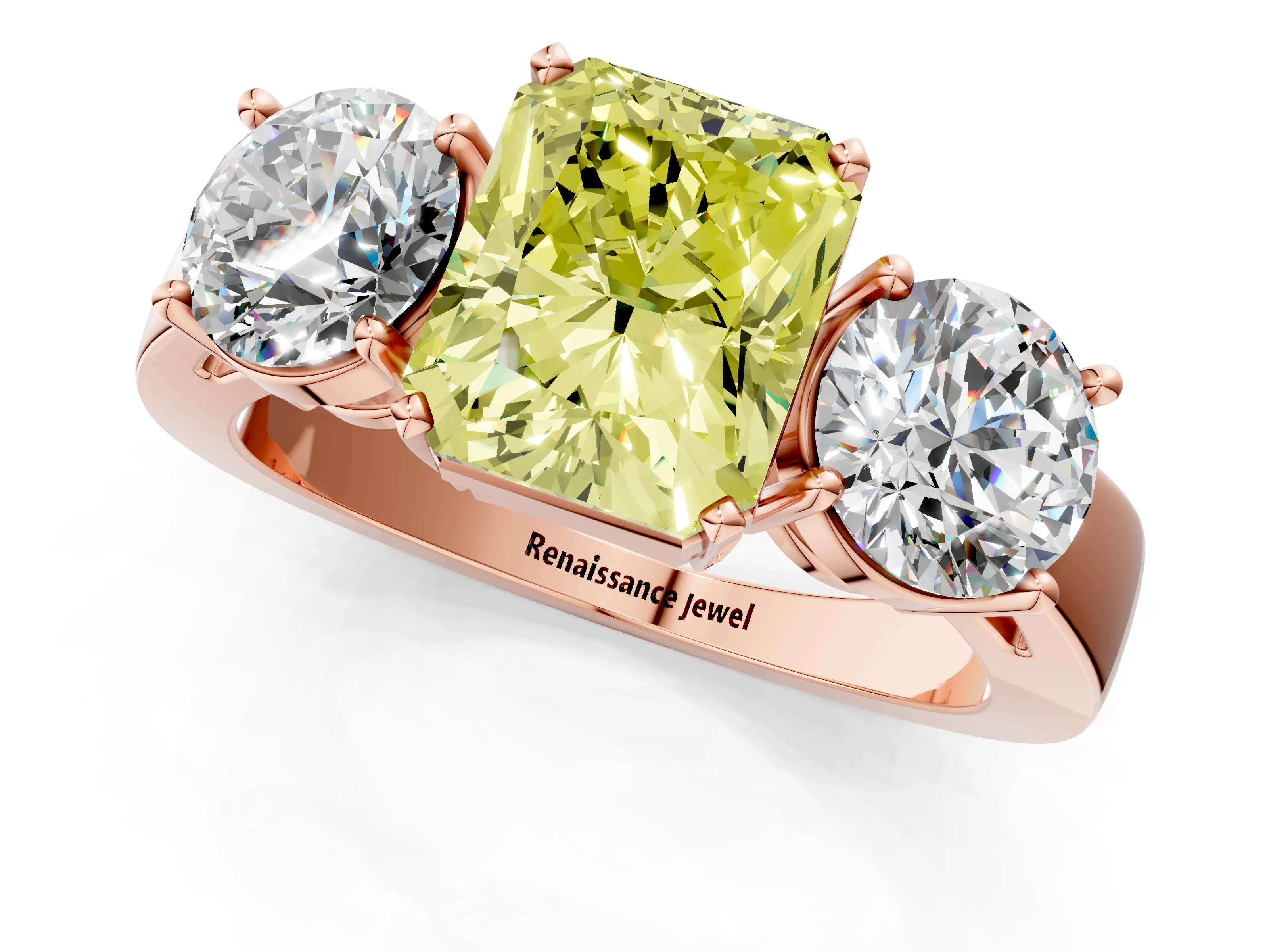 Rose gold Three-Stone Fancy Yellow Radiant Cut Diamond Ring with Round Side Stones, Classic Band, and Four-Prong Setting_1