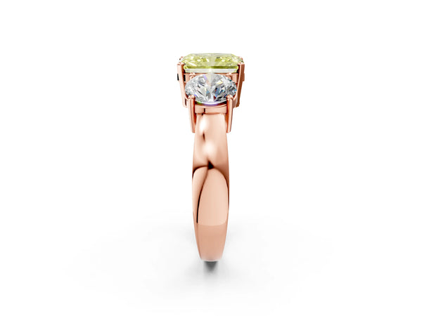 Rose gold Three-Stone Fancy Yellow Radiant Cut Diamond Ring with Round Side Stones, Classic Band, and Four-Prong Setting