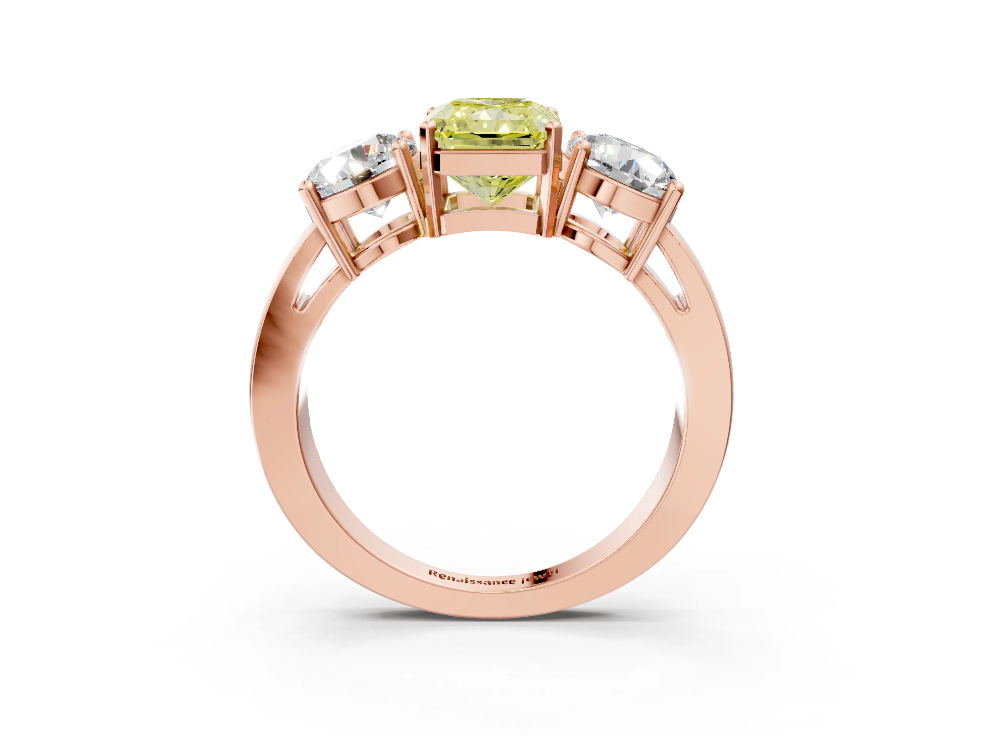 Rose gold Three-Stone Fancy Yellow Radiant Cut Diamond Ring with Round Side Stones, Classic Band, and Four-Prong Setting_3