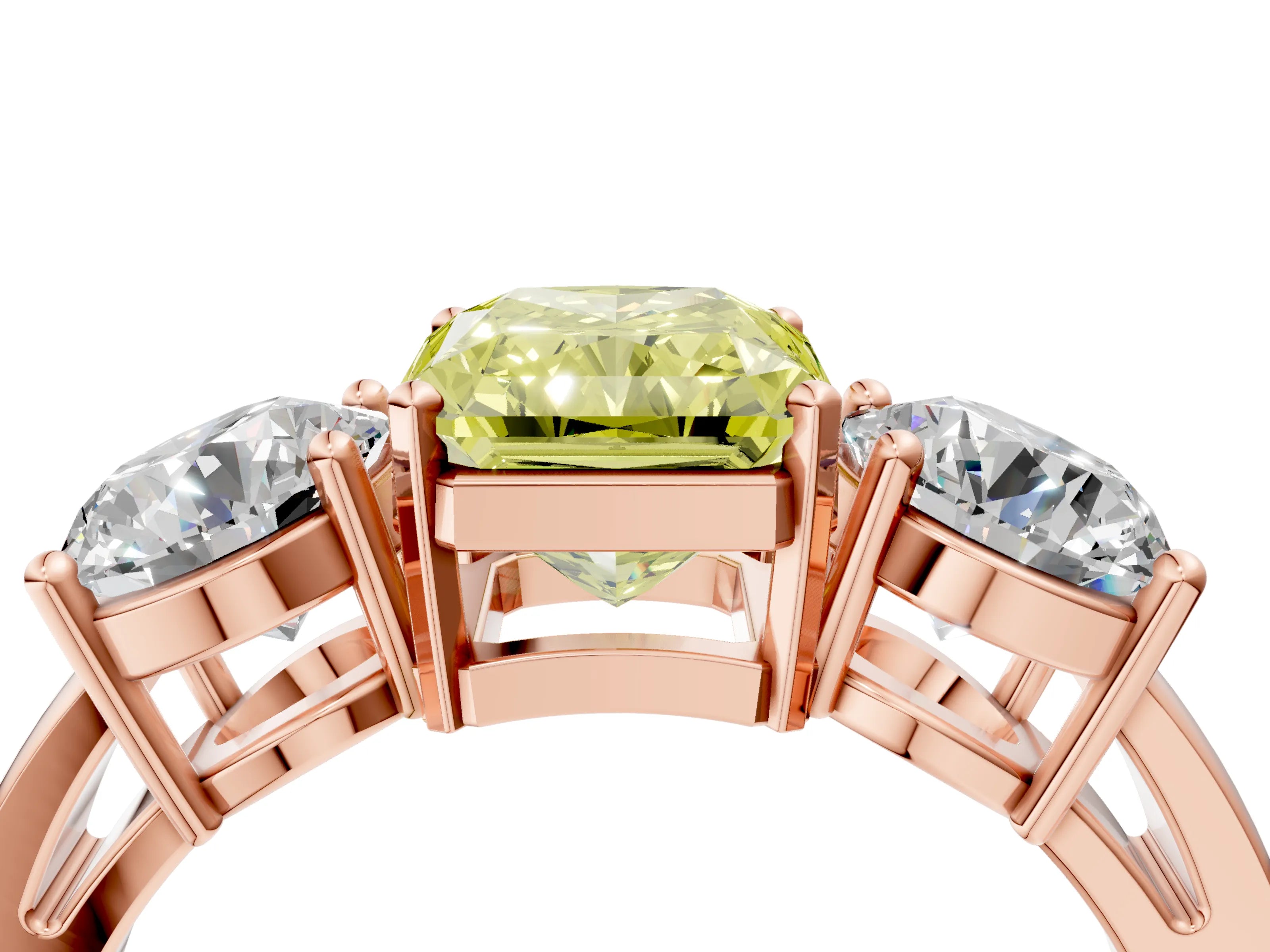 Rose gold Three-Stone Fancy Yellow Radiant Cut Diamond Ring with Round Side Stones, Classic Band, and Four-Prong Setting_4