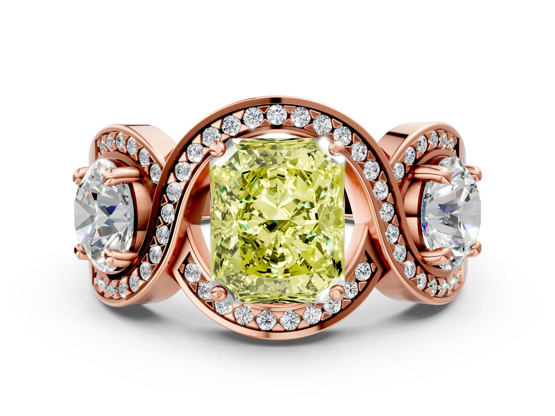 Rose gold Three-Stone Fancy Yellow Radiant Cut Diamond Wave Pave Band with Prong Setting_30
