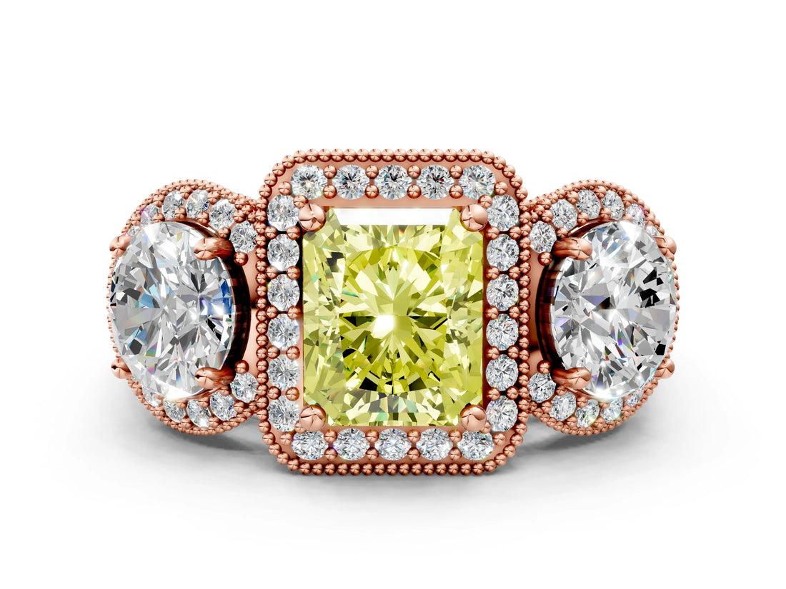 Rose gold Three-Stone Fancy Yellow Radiant Cut Halo Diamond Milgrain Band with Four-Prong Setting