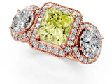 Rose gold Three-Stone Fancy Yellow Radiant Cut Halo Diamond Milgrain Band with Four-Prong Setting_1