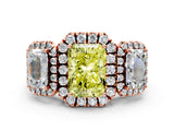 Rose gold Three-Stone Fancy Yellow Radiant Cut Halo Diamond Ring with Pave Band and Four-Prong Setting