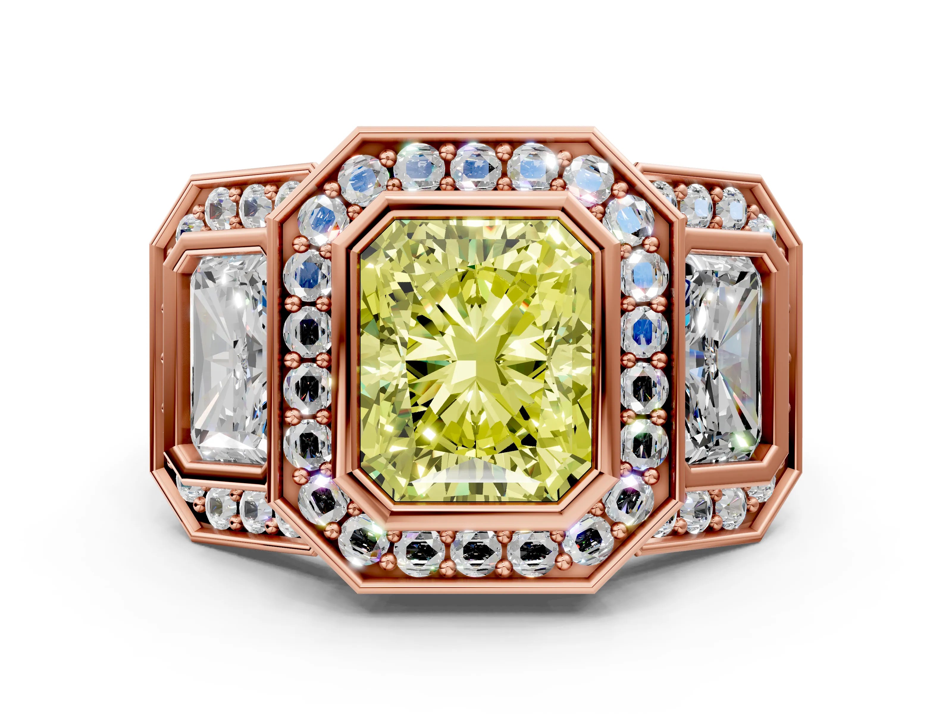 Rose gold Three-Stone Fancy Yellow Radiant Cut Halo Pavé Diamond Ring_12