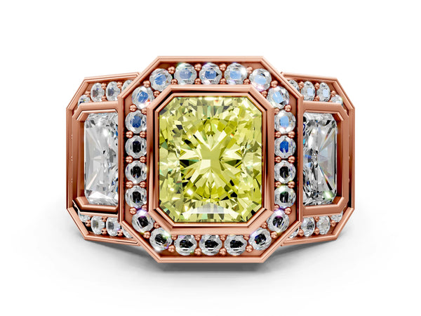 Rose gold Three-Stone Fancy Yellow Radiant Cut Halo Pavé Diamond Ring