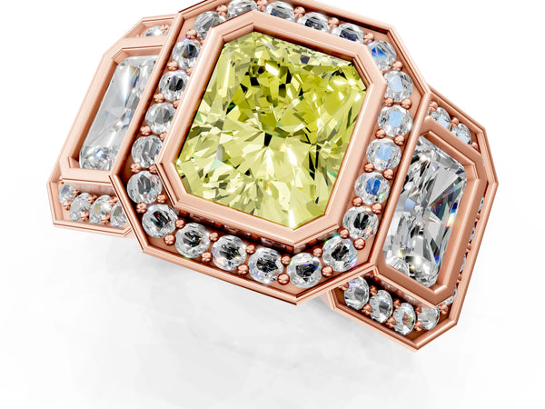 Rose gold Three-Stone Fancy Yellow Radiant Cut Halo Pavé Diamond Ring