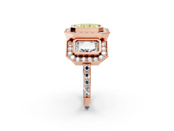 Rose gold Three-Stone Fancy Yellow Radiant Cut Halo Pavé Diamond Ring
