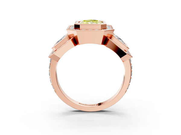 Rose gold Three-Stone Fancy Yellow Radiant Cut Halo Pavé Diamond Ring