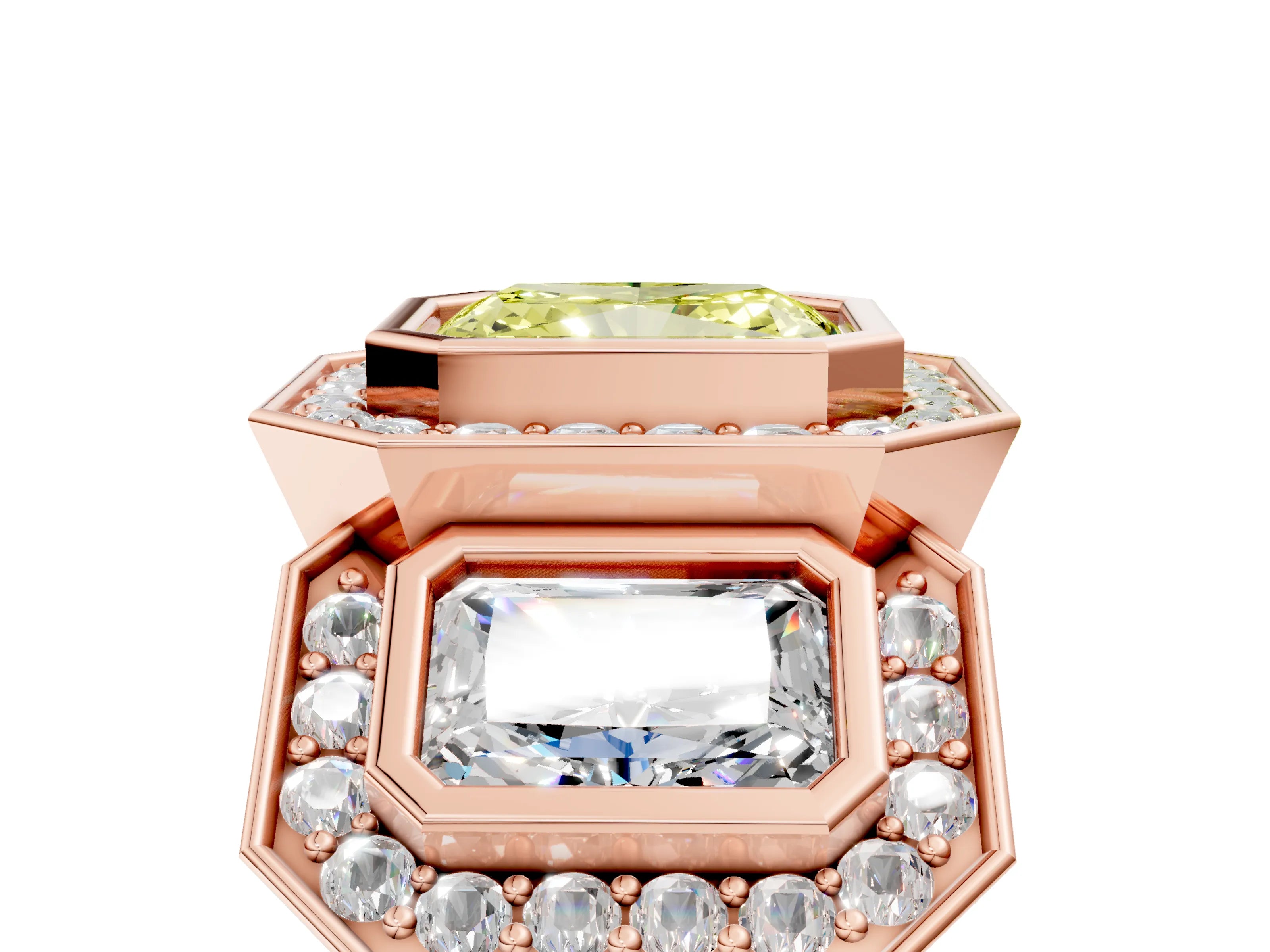 Rose gold Three-Stone Fancy Yellow Radiant Cut Halo Pavé Diamond Ring_17