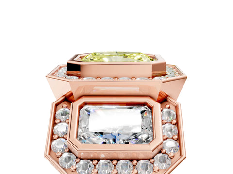 Rose gold Three-Stone Fancy Yellow Radiant Cut Halo Pavé Diamond Ring_17