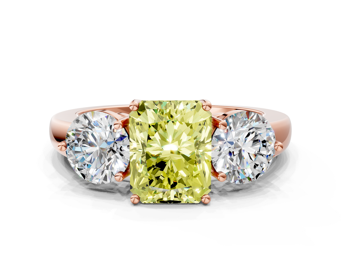 Rose gold Three-Stone Fancy Yellow Radiant  Cut Solitaire Ring with Prong Setting on a Classic Band_99