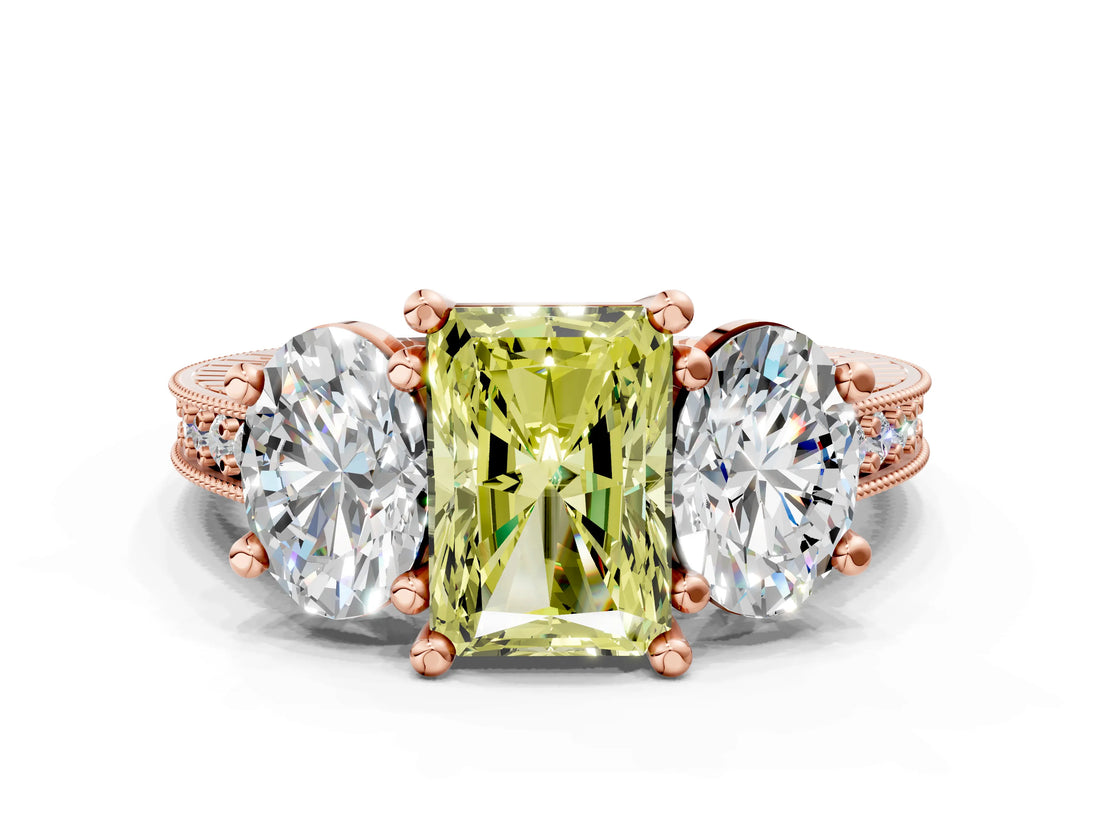 Rose gold Three-Stone Fancy Yellow Radiant  Diamond Milgrain Pave Band with Prong Setting 1