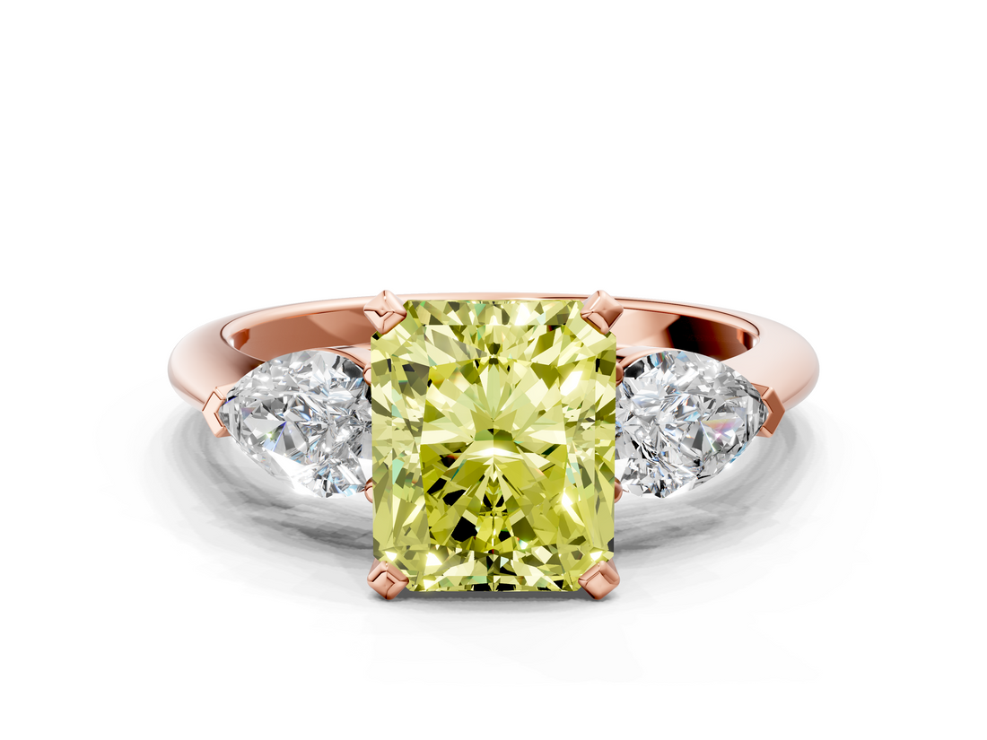 Rose gold Three-Stone Fancy Yellow Radiant  Diamond Ring with Pear Side Stones in Four-Prong Setting_45