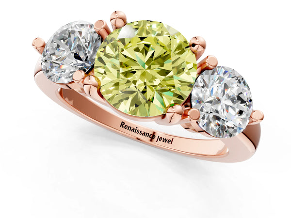 Rose gold Three-Stone Fancy Yellow Round  Brilliant Cut Solitaire Ring with Prong Setting on a Classic Band