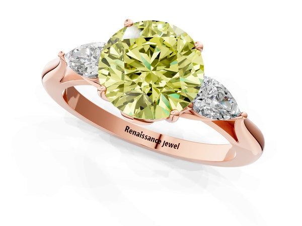 Rose gold Three-Stone Fancy Yellow Round Cut Brilliant Diamond Solitaire Ring with Tapered Band and Four-Prong Setting