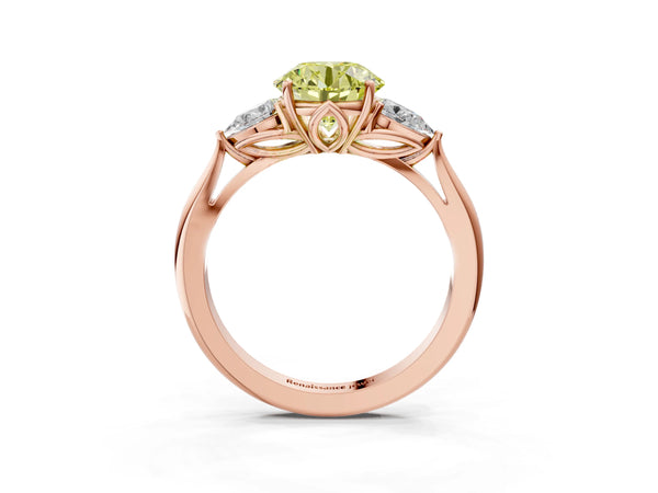 Rose gold Three-Stone Fancy Yellow Round Cut Brilliant Diamond Solitaire Ring with Tapered Band and Four-Prong Setting