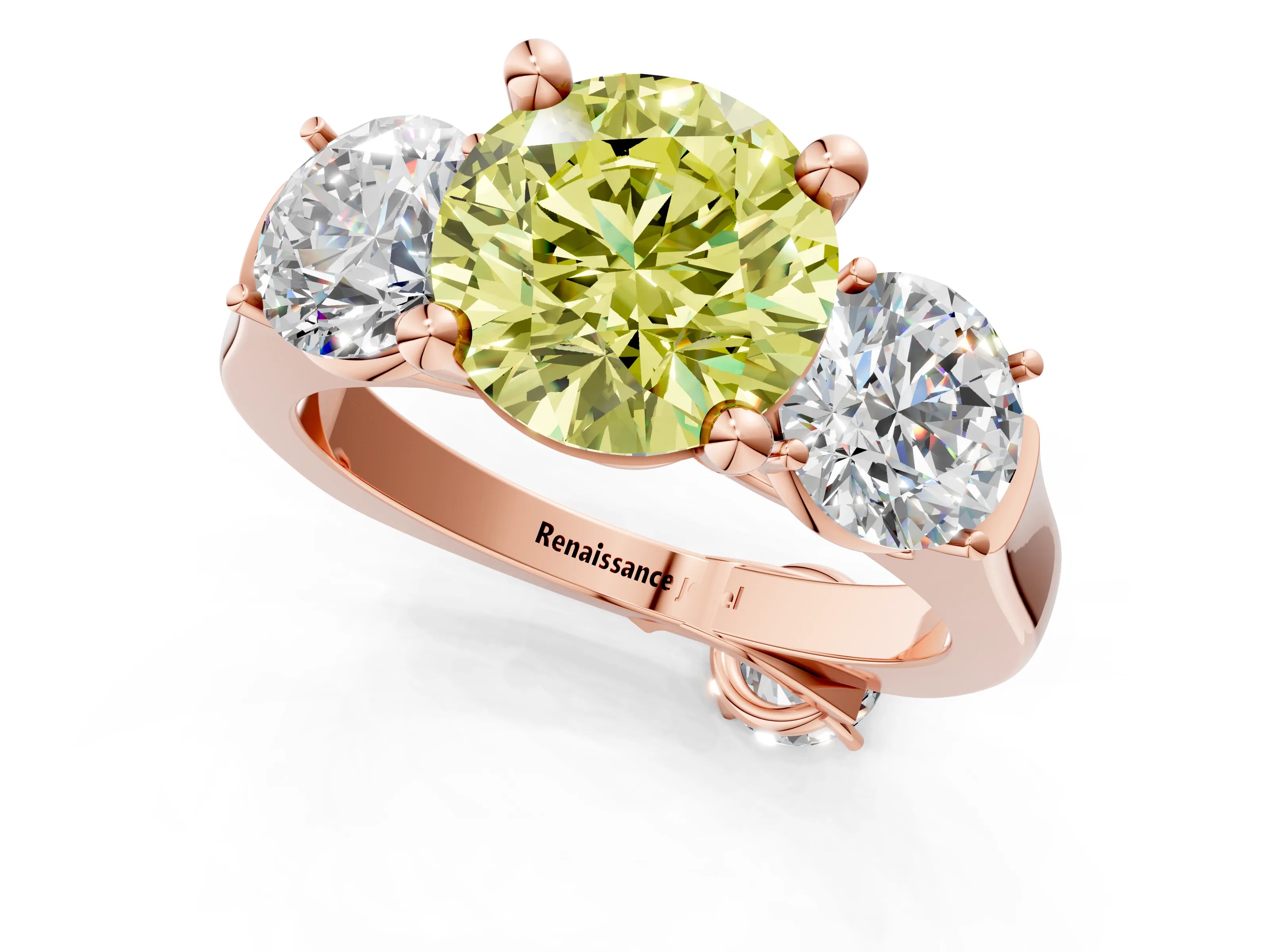 Rose gold Three-Stone Fancy Yellow Round Cut Brilliant Diamond Trellis Ring with Comfort Fit Band_1