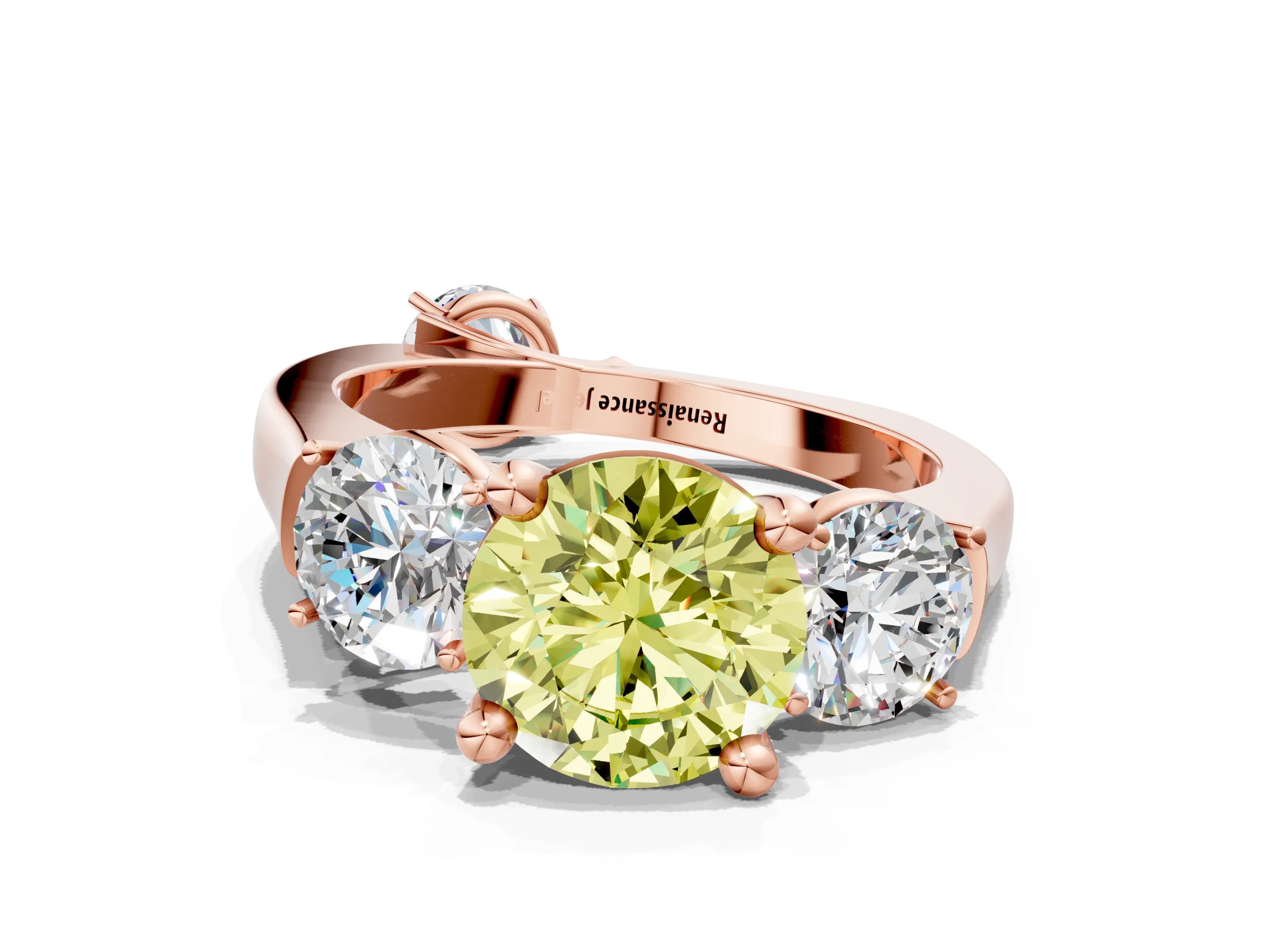 Rose gold Three-Stone Fancy Yellow Round Cut Brilliant Diamond Trellis Ring with Comfort Fit Band_12