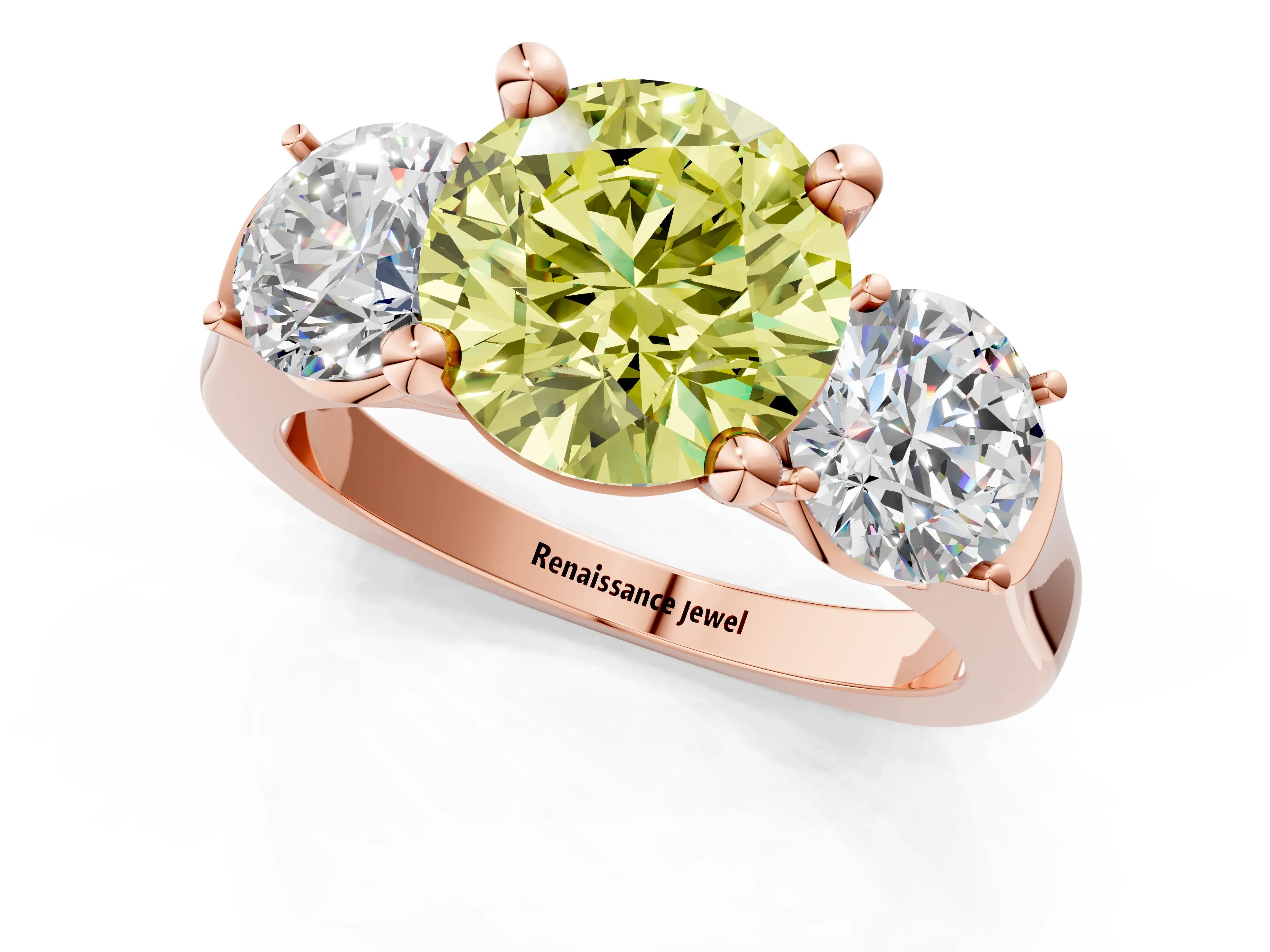 Rose gold Three-Stone Fancy Yellow Round Cut Brilliant Diamond Trellis Ring with Comfort Fit Band_13