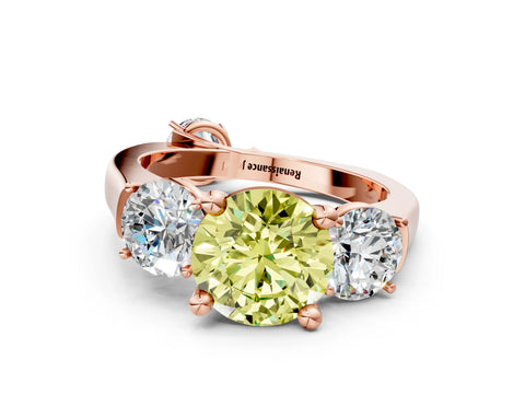 Rose gold Three-Stone Fancy Yellow Round Cut Brilliant Diamond Trellis Ring with Comfort Fit Band
