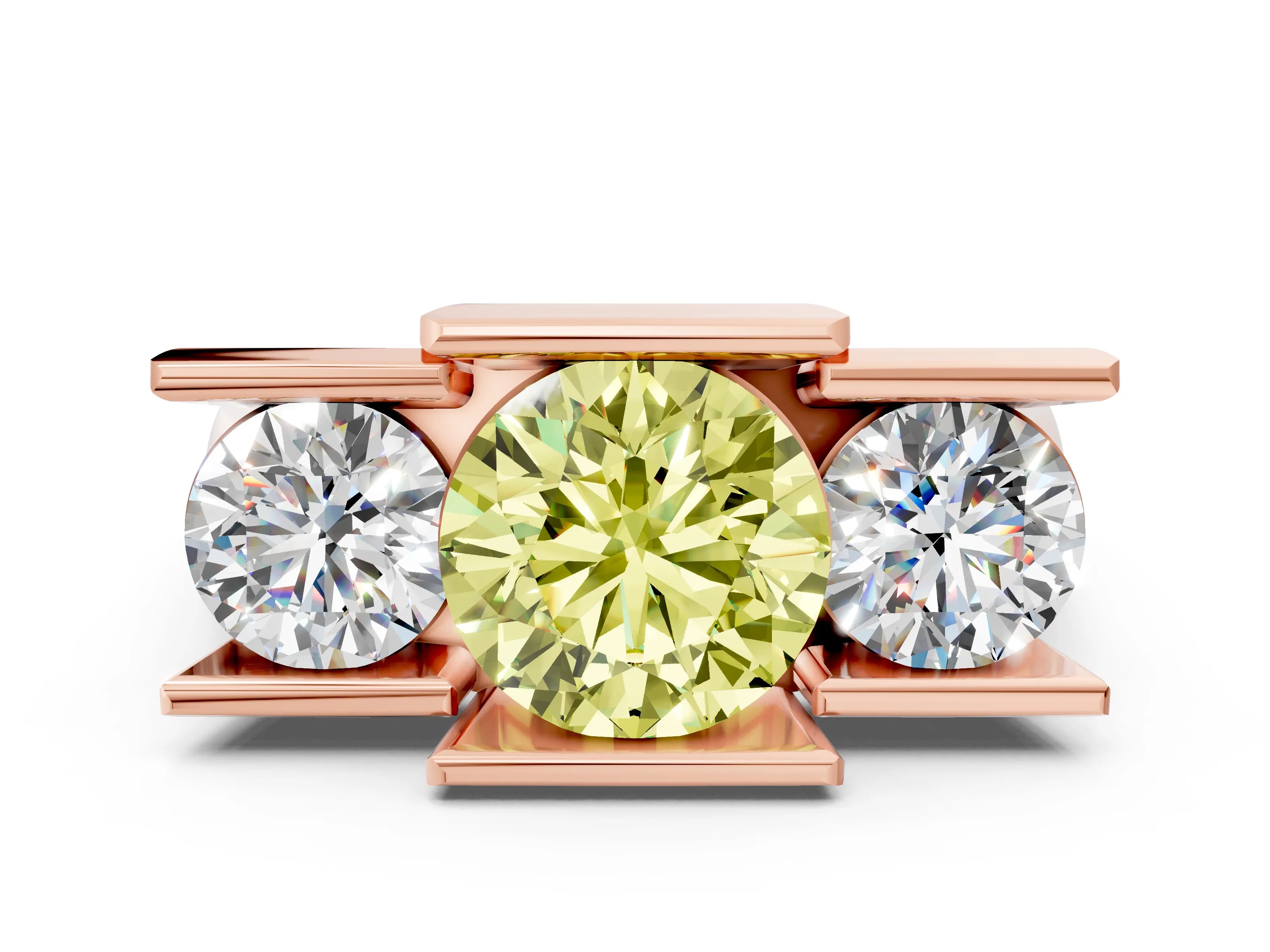 Rose gold Three Stone Fancy Yellow Round Cut Cut Channel Set Diamond Ring