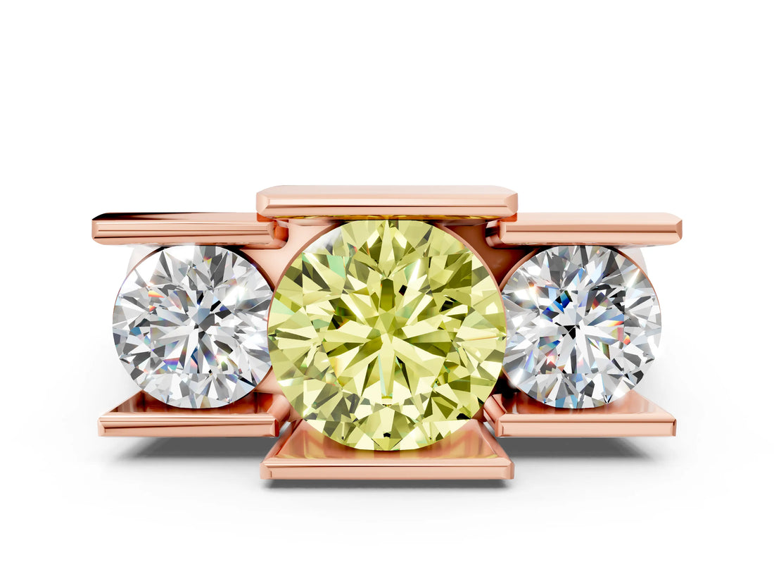 Rose gold Three Stone Fancy Yellow Round Cut Cut Channel Set Diamond Ring