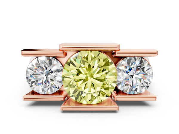 Rose Gold Round Channel Set Three Stone Engagement Ring Setting for Fancy Yellow Center