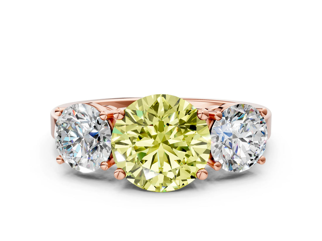 Rose gold Three-Stone Fancy Yellow Round Cut Cut Diamond Engagement Ring with Flat Band and Four-Prong Setting_12