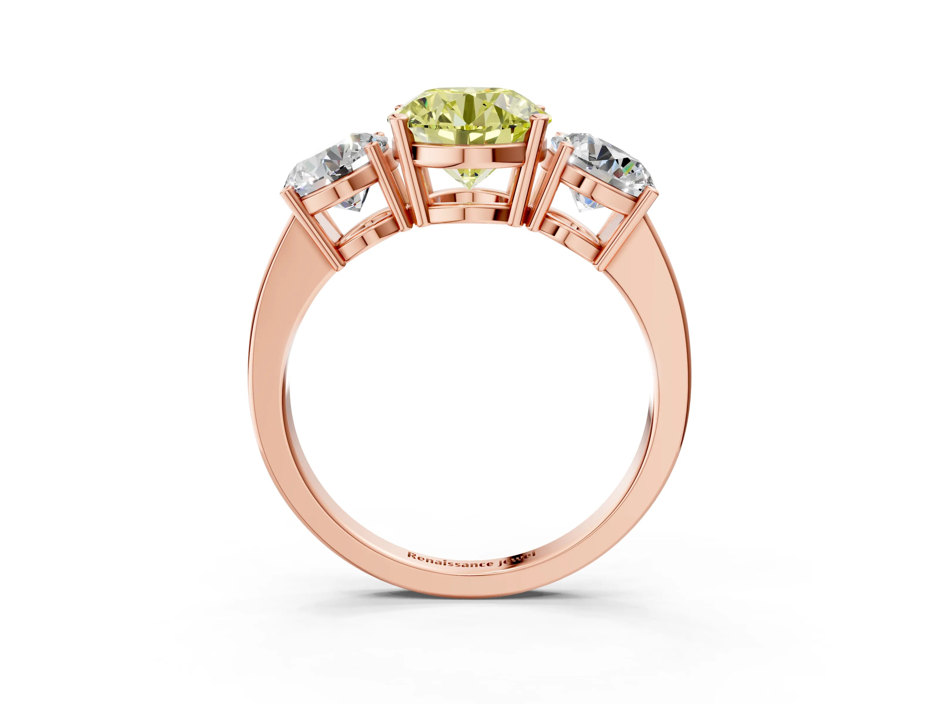 Rose gold Three-Stone Fancy Yellow Round Cut Cut Diamond Engagement Ring with Flat Band and Four-Prong Setting_3