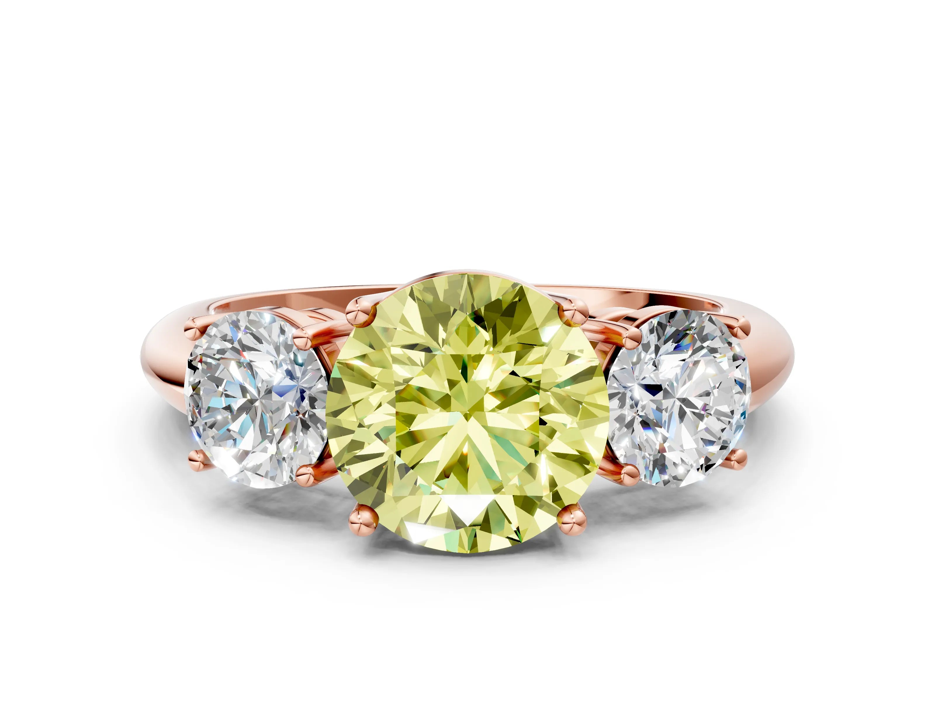Rose gold Three-Stone Fancy Yellow Round Cut Cut Diamond Engagement Ring with Prong Setting on a White Gold Band
