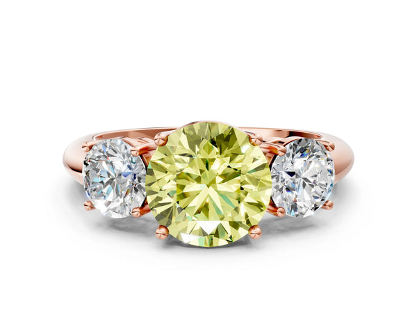 Rose gold Three-Stone Fancy Yellow Round Cut Cut Diamond Engagement Ring with Prong Setting on a White Gold Band