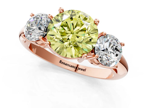 Rose gold Three-Stone Fancy Yellow Round Cut Cut Diamond Engagement Ring with Prong Setting on a White Gold Band_1