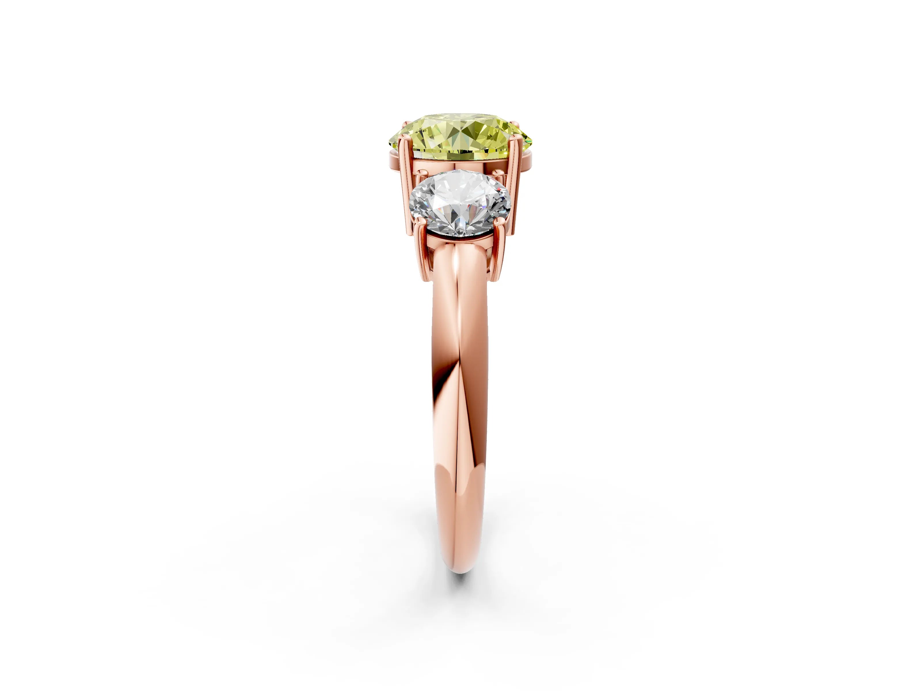 Rose gold Three-Stone Fancy Yellow Round Cut Cut Diamond Engagement Ring with Prong Setting on a White Gold Band_2