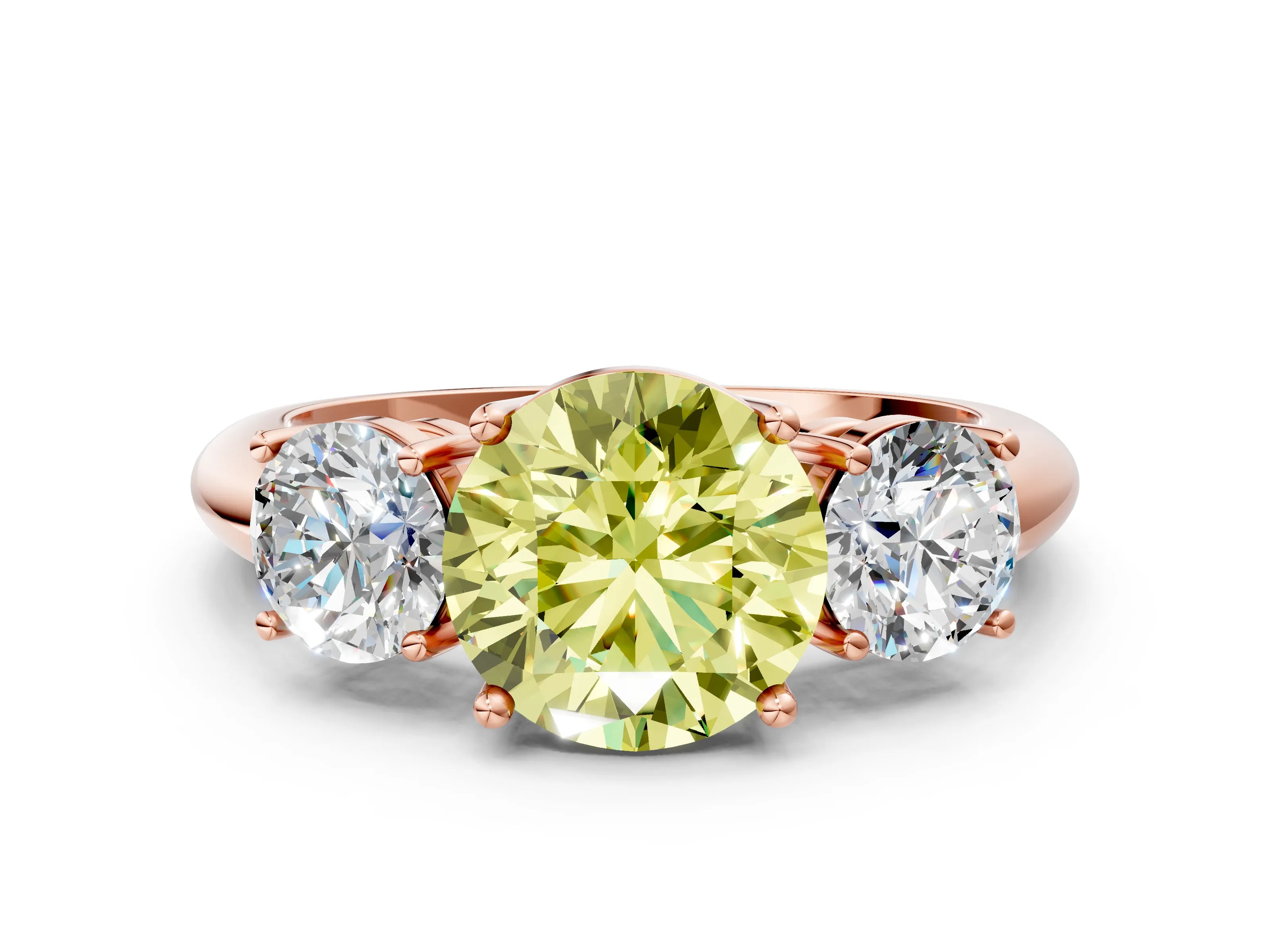 Rose gold Three-Stone Fancy Yellow Round Cut Cut Diamond Engagement Ring with Prong Setting on a White Gold Band_24