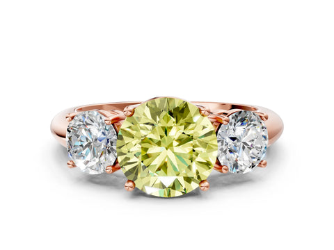 Rose gold Three-Stone Fancy Yellow Round Cut Cut Diamond Engagement Ring with Prong Setting on a White Gold Band