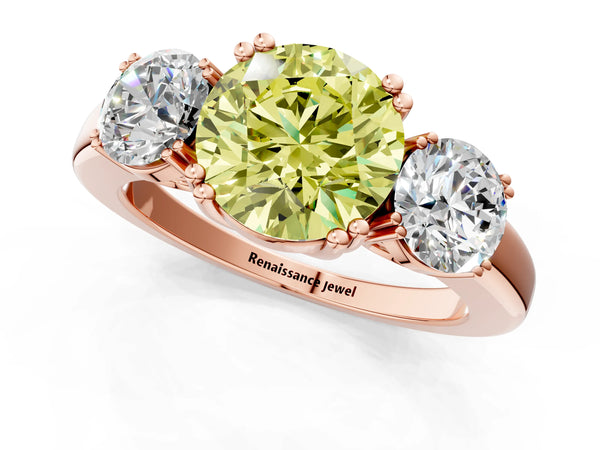 Rose gold Three-Stone Fancy Yellow Round Cut Cut Diamond Ring with Channel Set Band and Four-Prong Setting