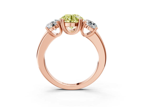Rose gold Three-Stone Fancy Yellow Round Cut Cut Diamond Ring with Channel Set Band and Four-Prong Setting