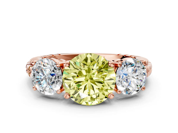 Rose gold Three-Stone Fancy Yellow Round Cut Cut Diamond Ring with Channel-Set Band and Prong Setting