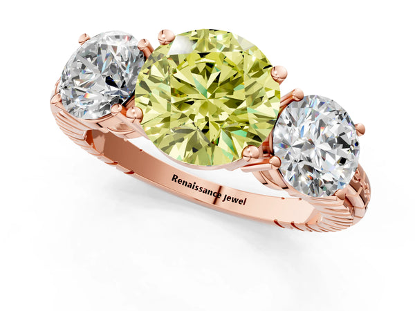 Rose gold Three-Stone Fancy Yellow Round Cut Cut Diamond Ring with Channel-Set Band and Prong Setting