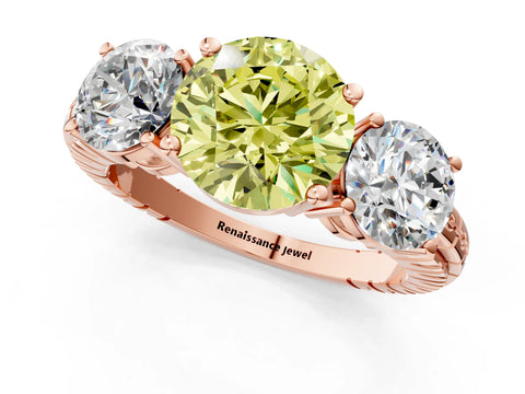Rose gold Three-Stone Fancy Yellow Round Cut Cut Diamond Ring with Channel-Set Band and Prong Setting_1