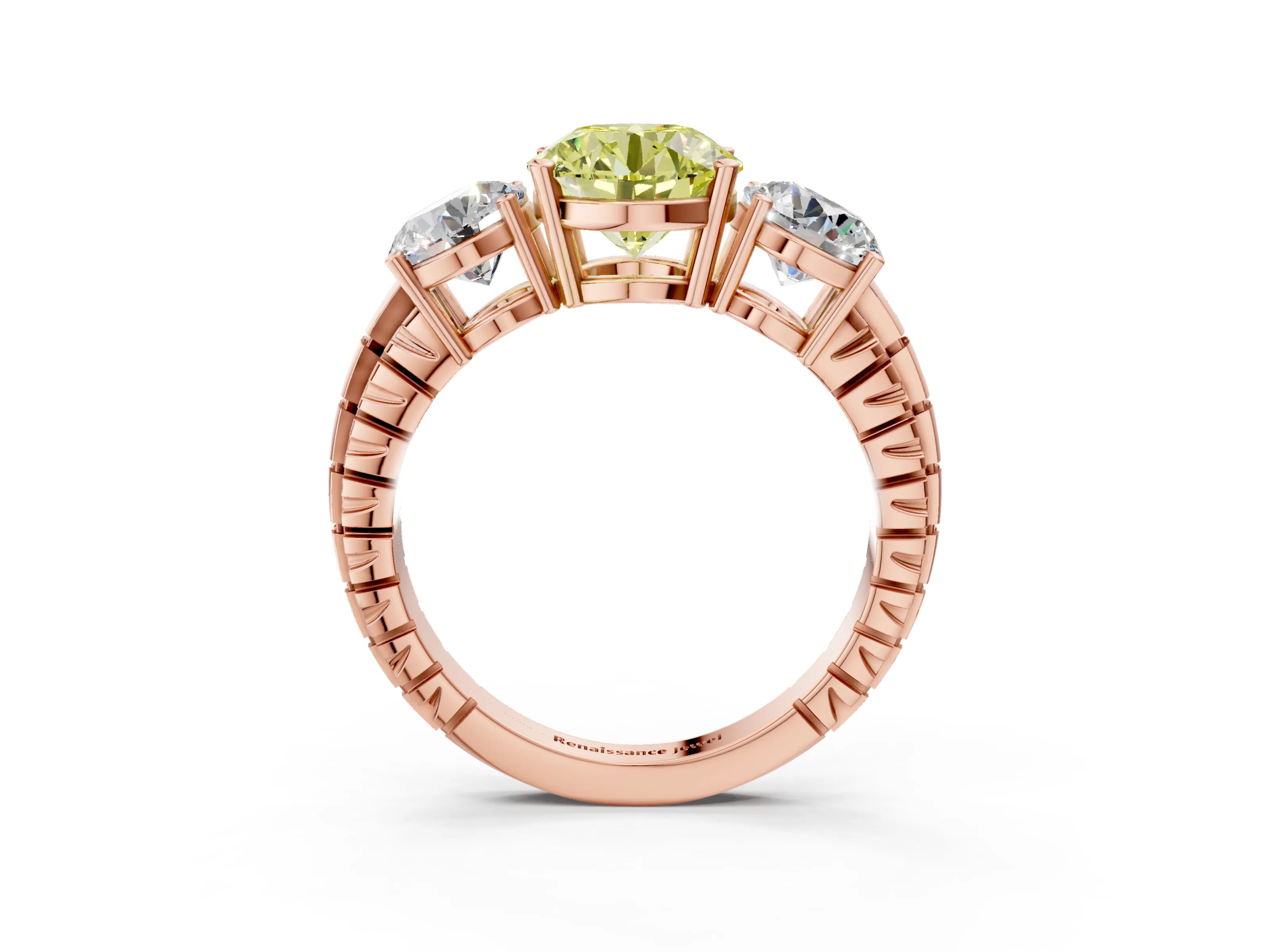 Rose gold Three-Stone Fancy Yellow Round Cut Cut Diamond Ring with Channel-Set Band and Prong Setting_3