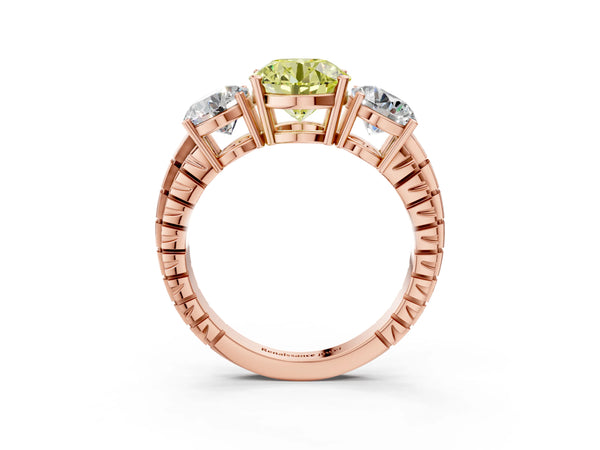 Rose gold Three-Stone Fancy Yellow Round Cut Cut Diamond Ring with Channel-Set Band and Prong Setting